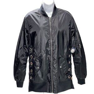 Cavalini Black Bomber Jacket With Side Lace-Up Details & Zippered Pockets Size M